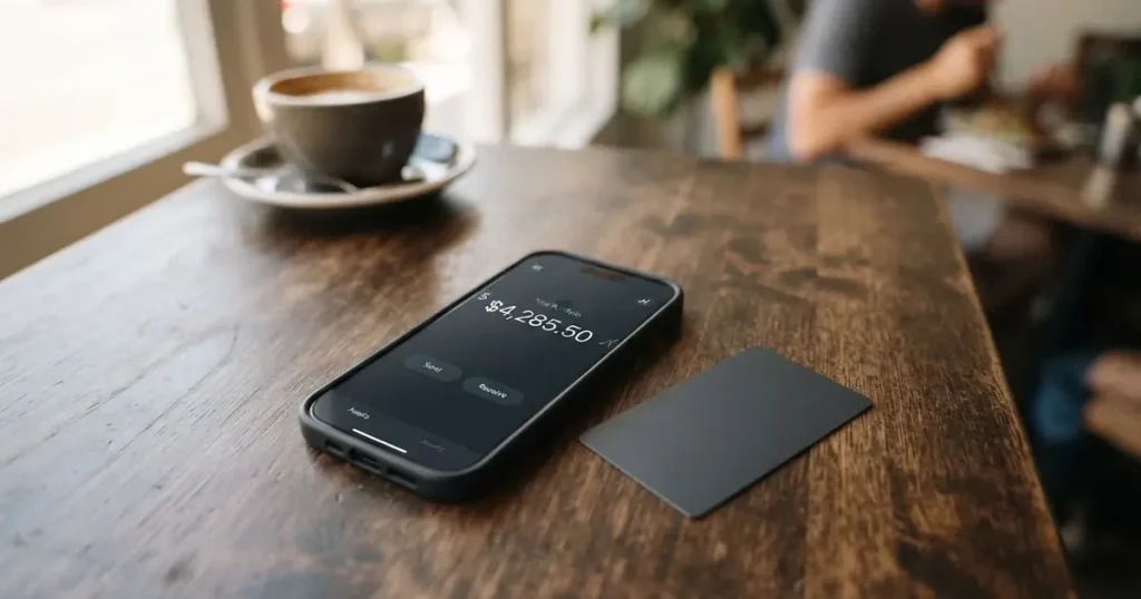 A payment card next to a phone with a crypto wallet app open