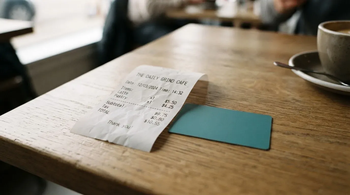 A receipt and a card on a café table