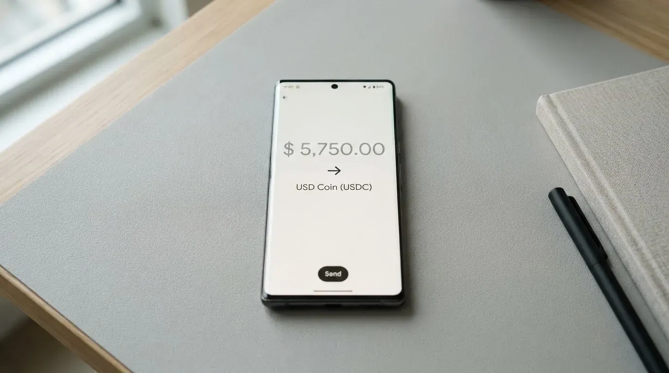 A phone showing a stablecoin transfer screen