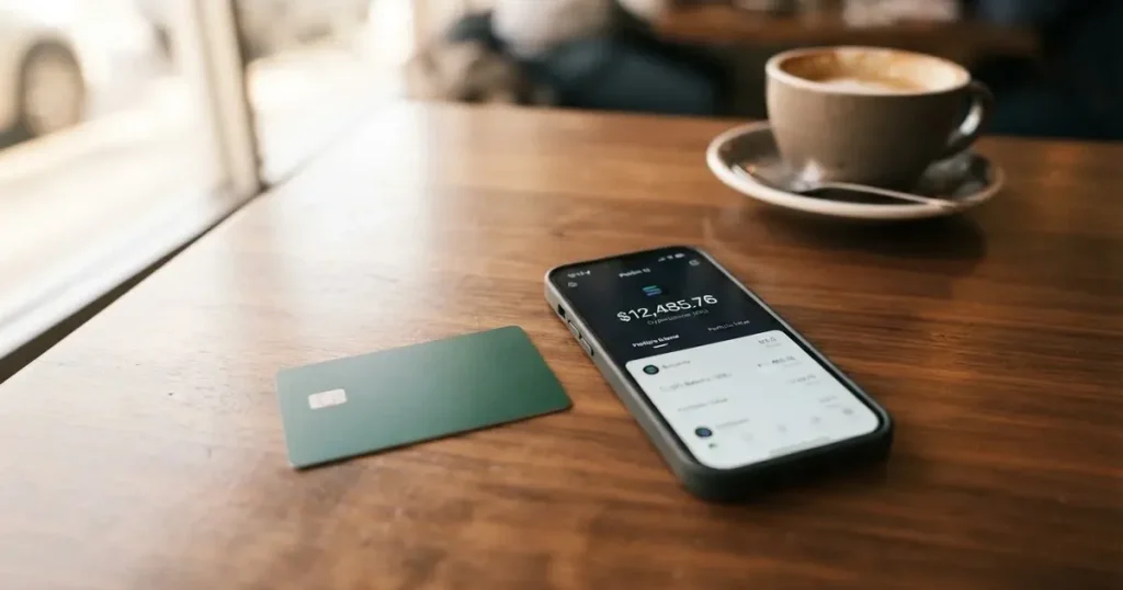 A payment card next to a phone with a crypto wallet app open
