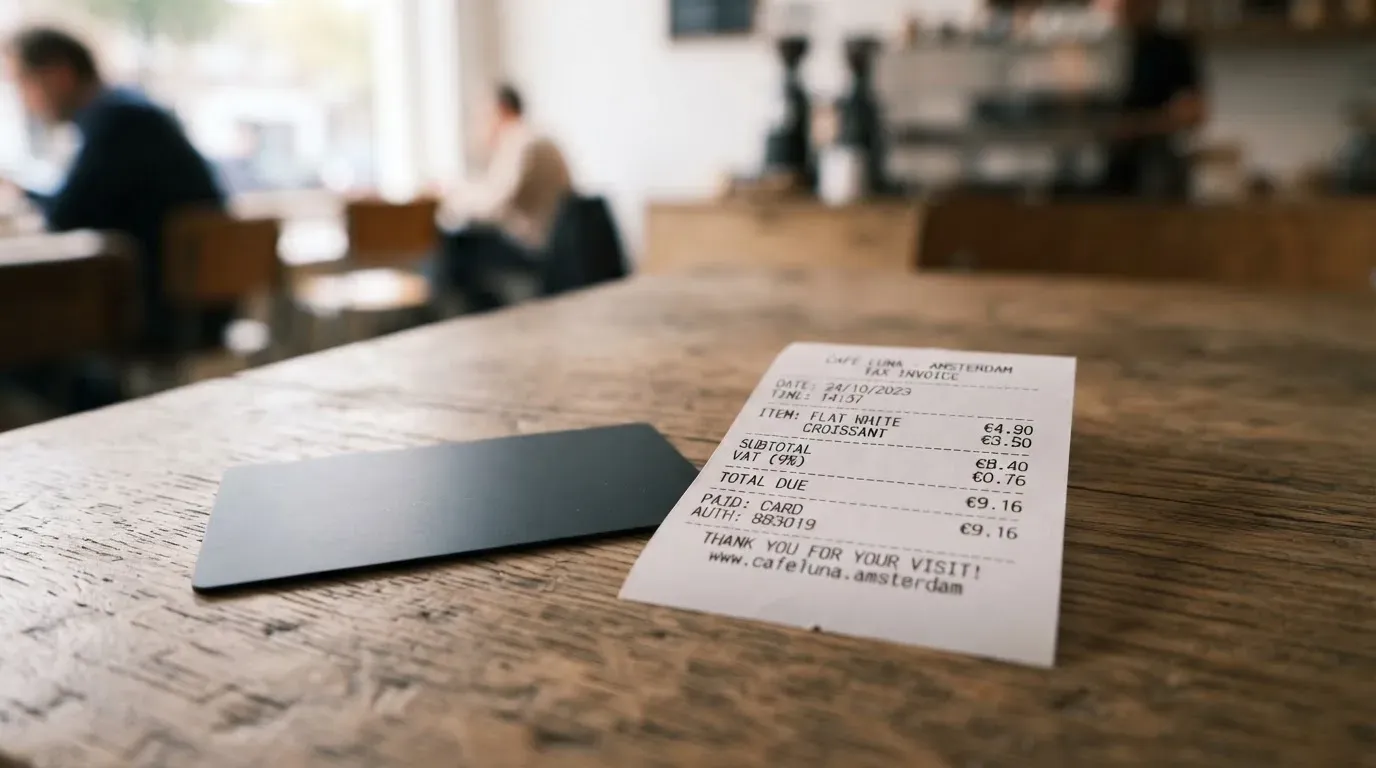 A receipt and a card on a café table