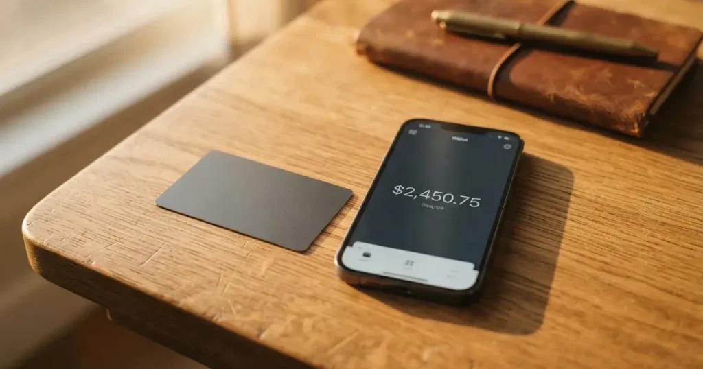 A payment card next to a phone with a crypto wallet app open