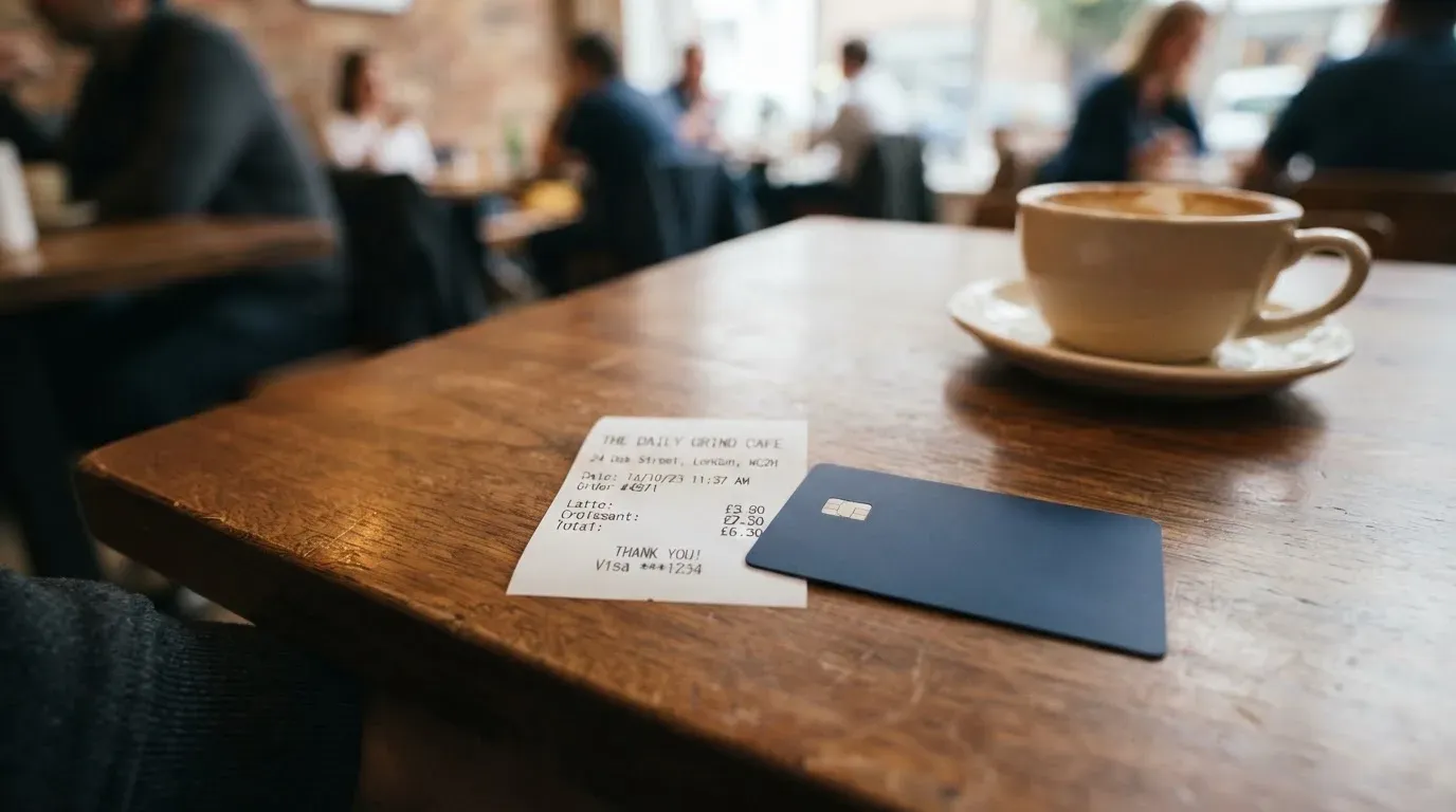 A receipt and a card on a café table