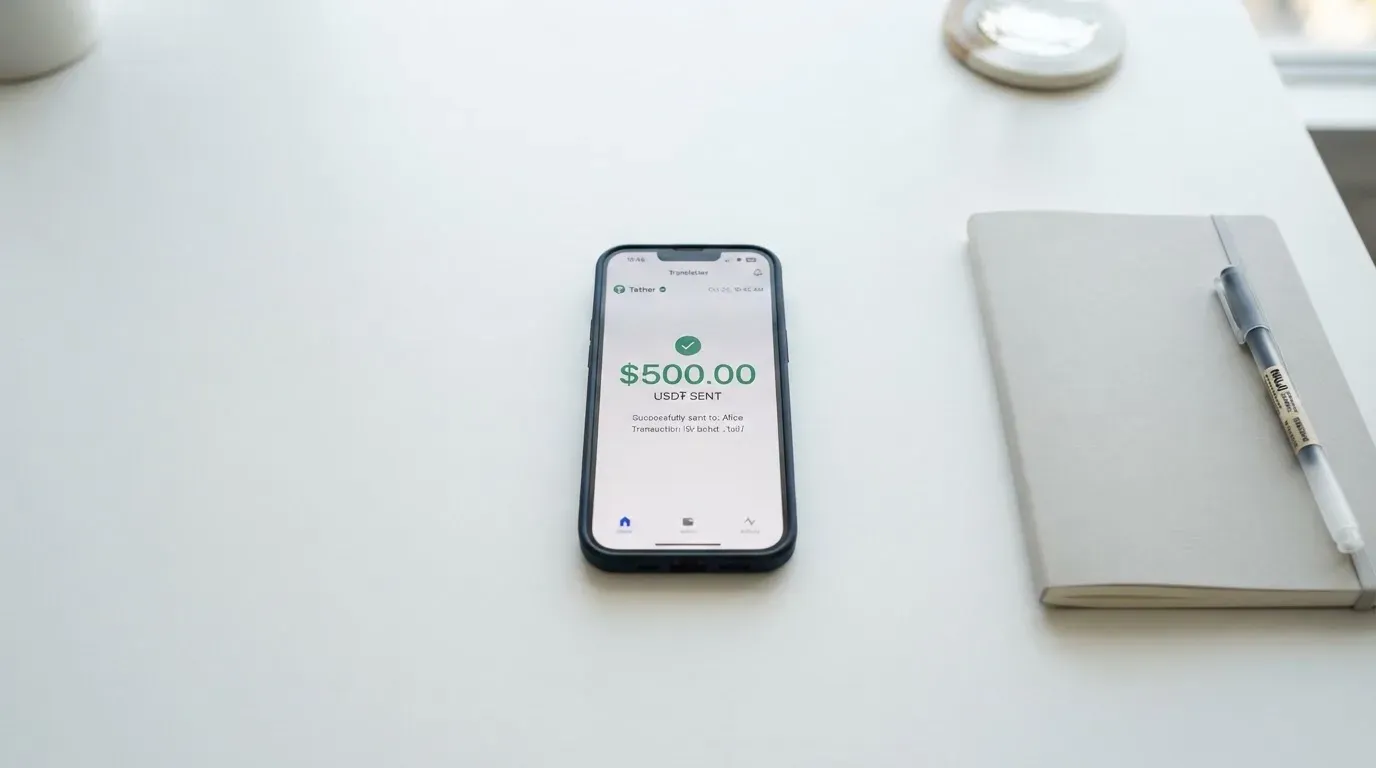 A phone showing a stablecoin transfer screen