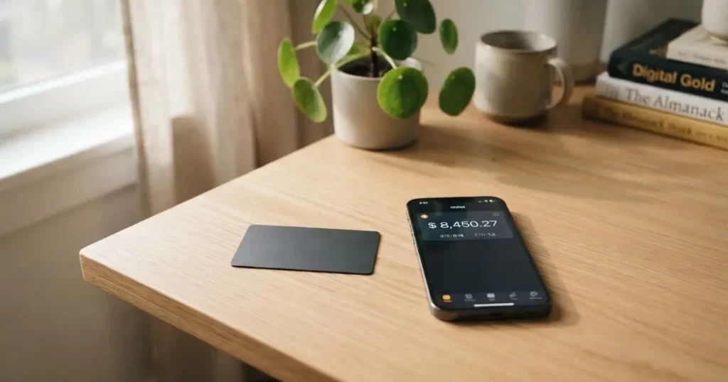 A payment card next to a phone with a crypto wallet app open