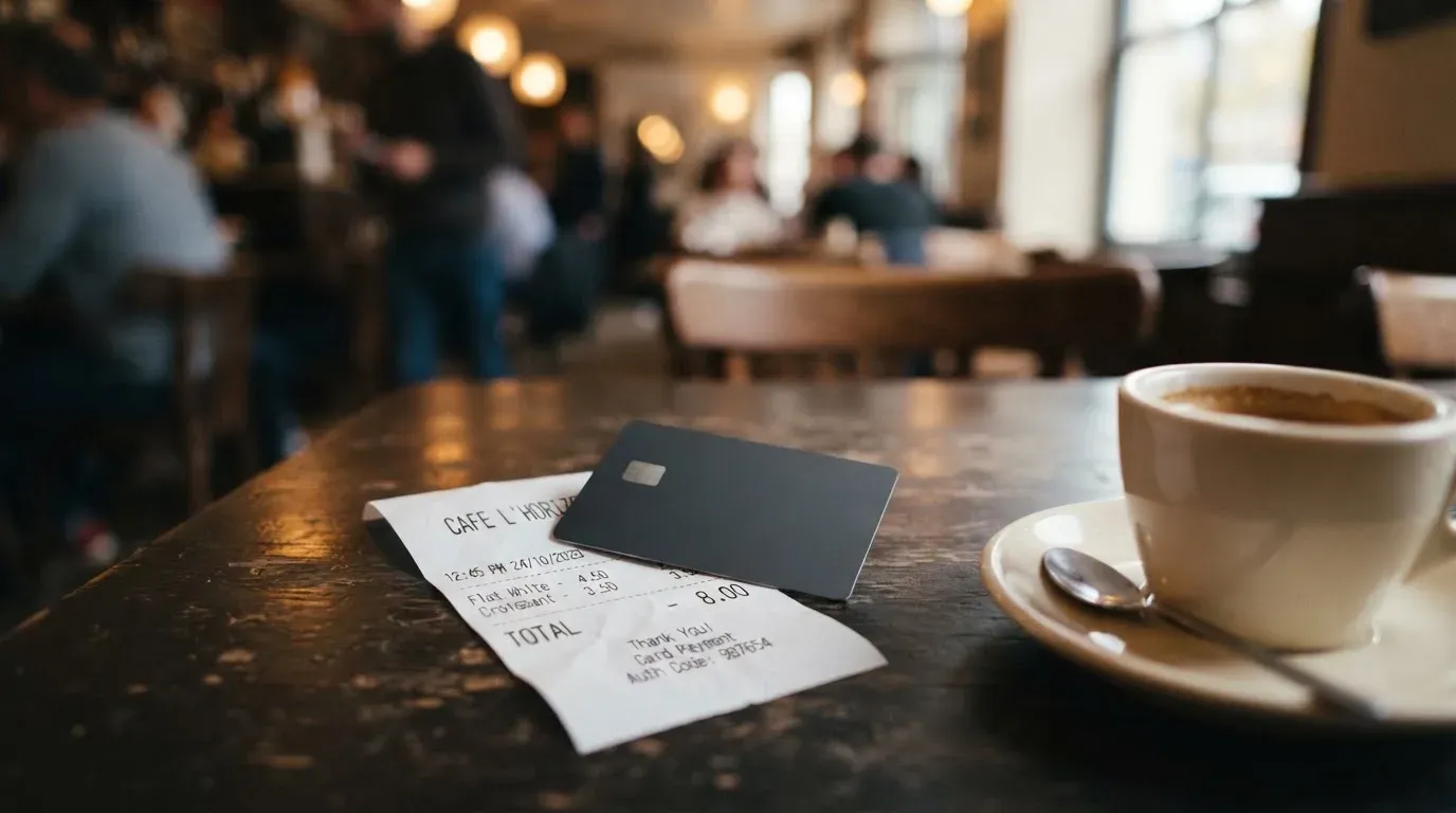 A receipt and a card on a café table