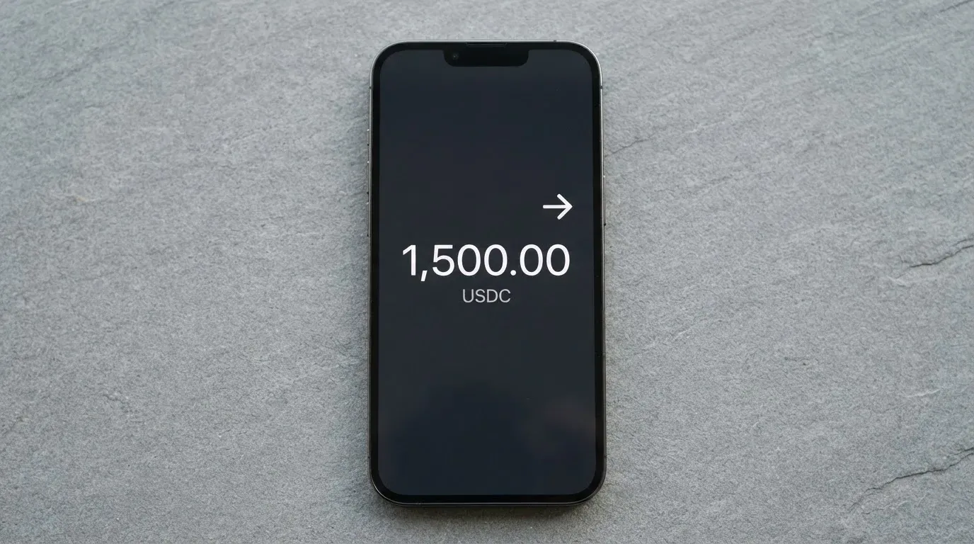 A phone showing a stablecoin transfer screen