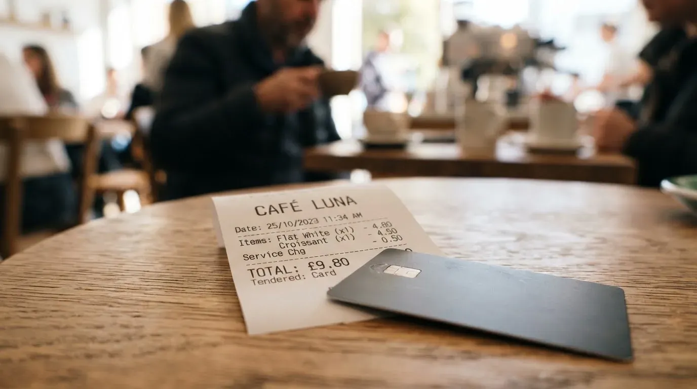 A receipt and a card on a café table
