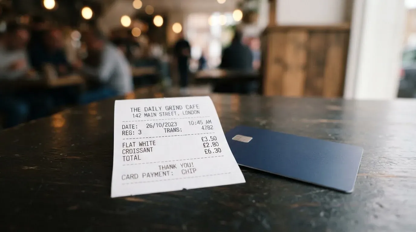 A receipt and a card on a café table
