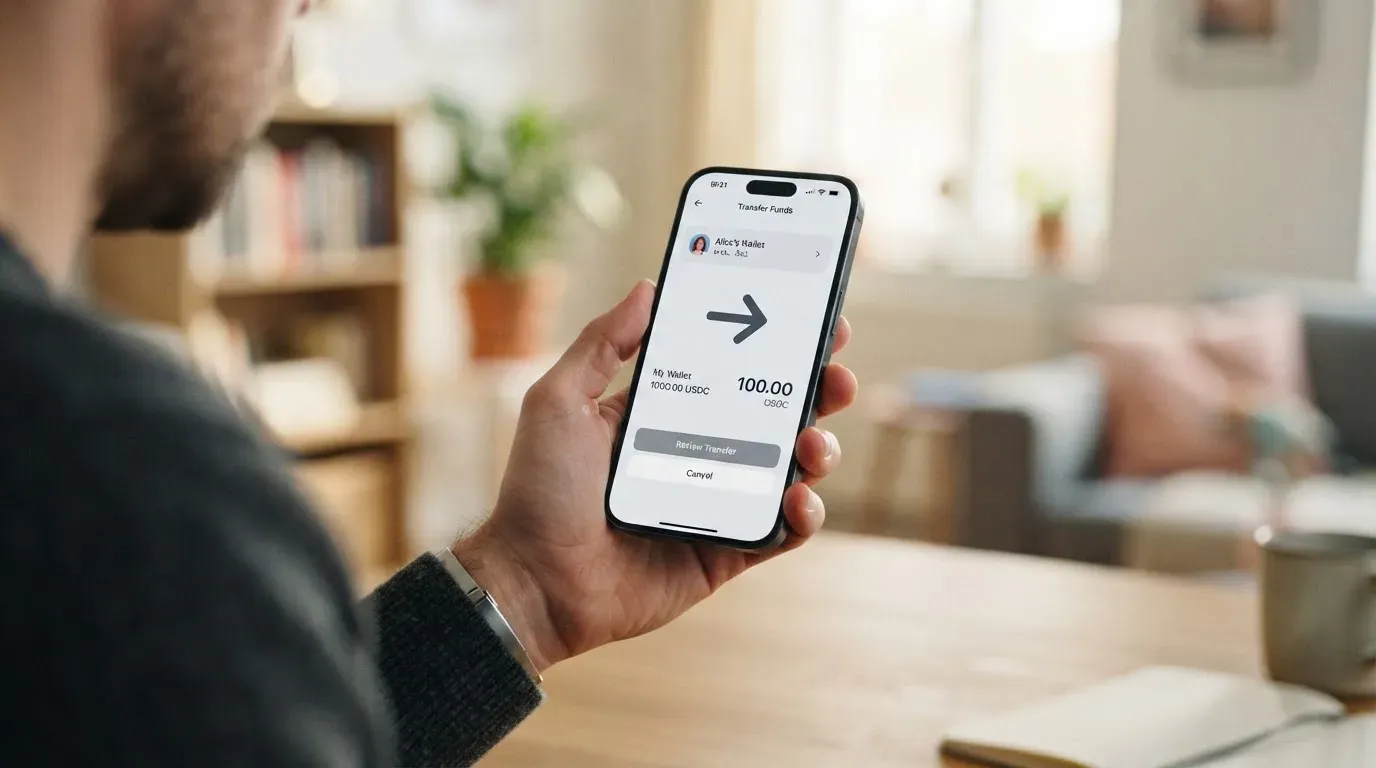 A phone showing a stablecoin transfer screen