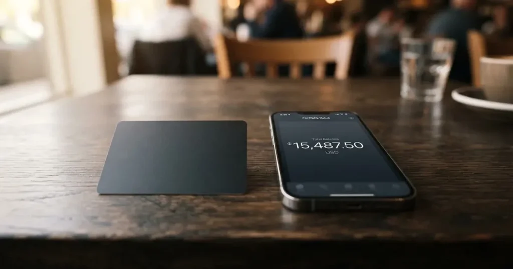 A payment card next to a phone with a crypto wallet app open