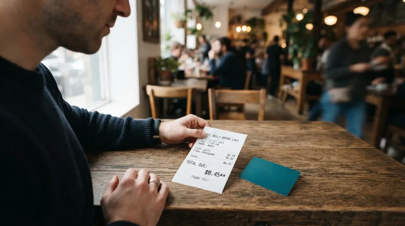 A receipt and a card on a café table