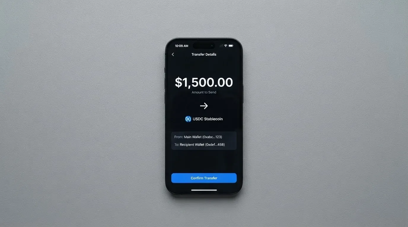 A phone showing a stablecoin transfer screen