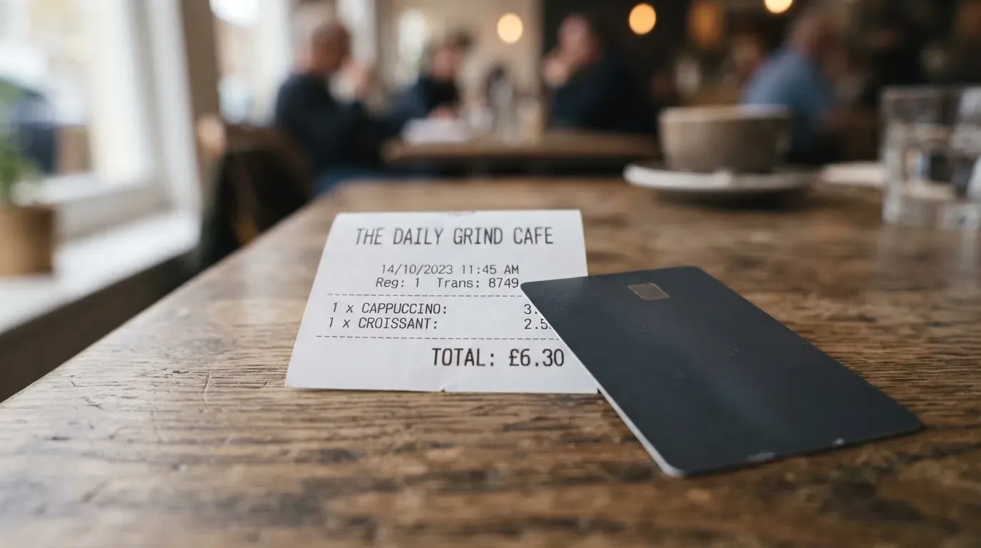 A receipt and a card on a café table