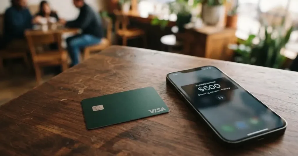 A payment card next to a phone with a crypto wallet app open