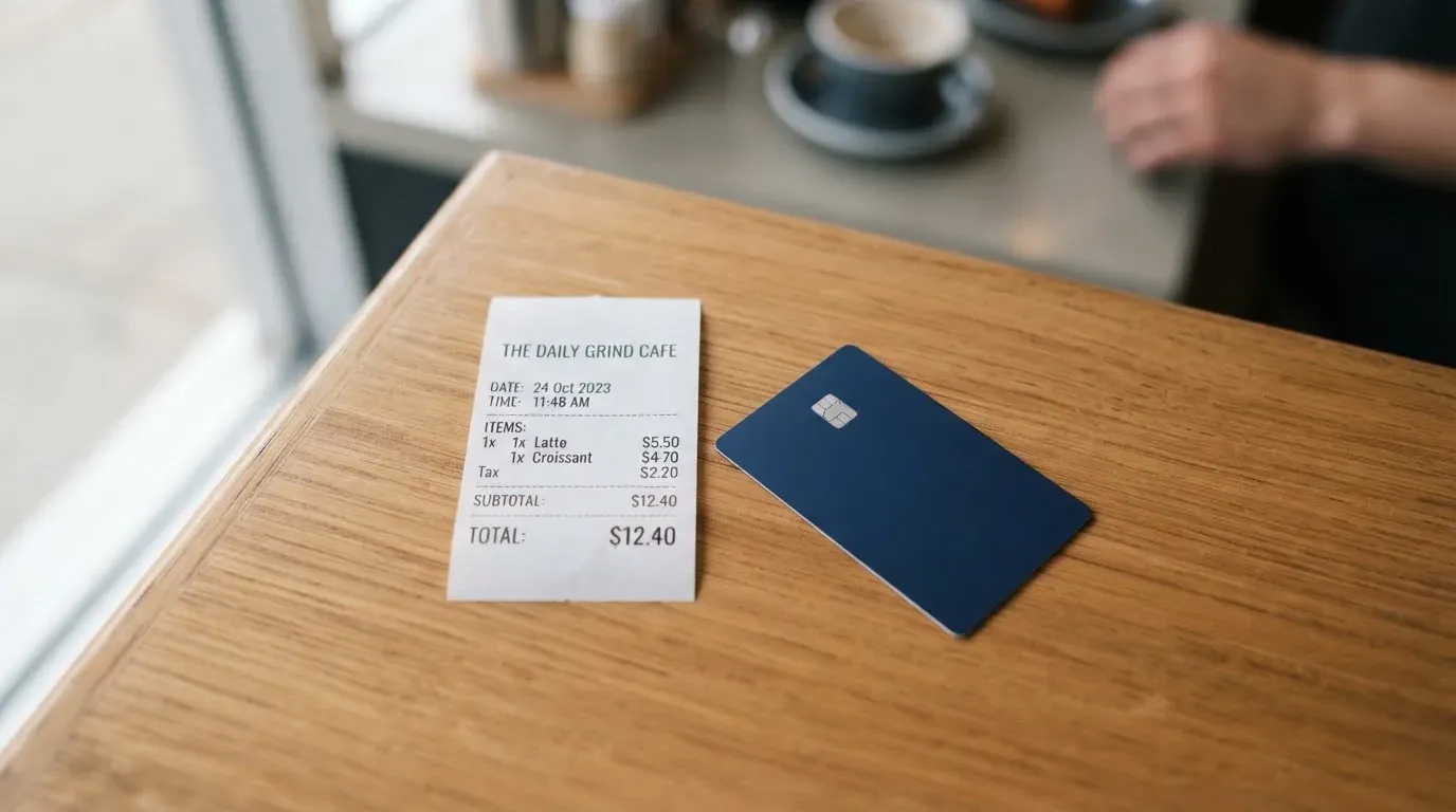 A receipt and a card on a café table