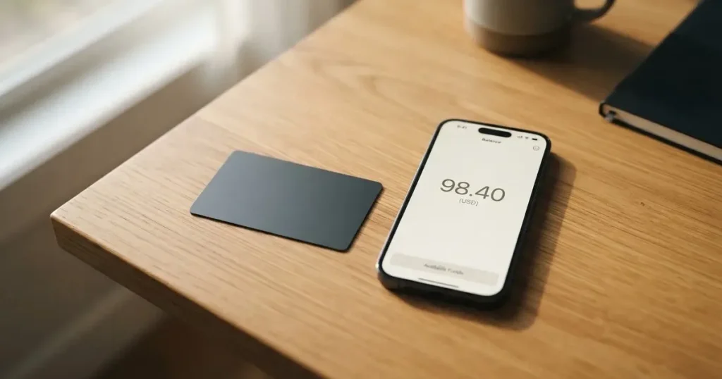 A payment card next to a phone with a crypto wallet app open