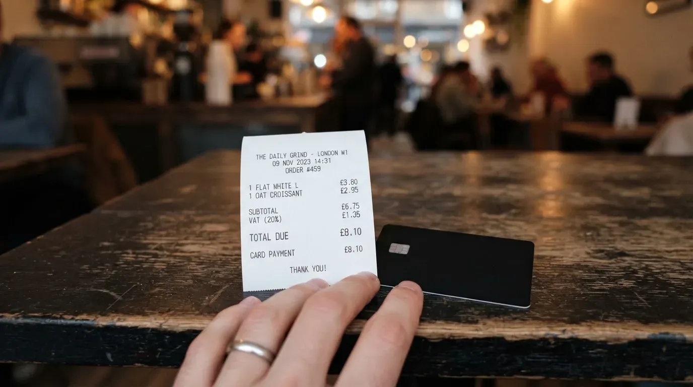 A receipt and a card on a café table