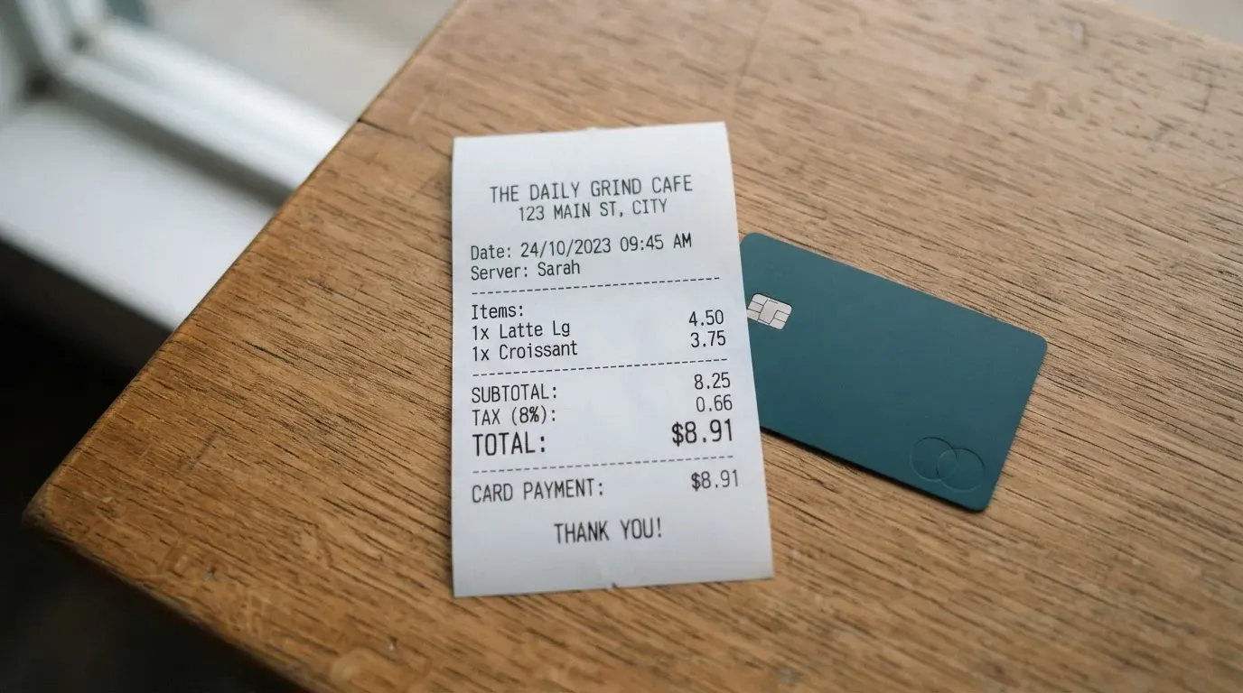 A receipt and a card on a café table