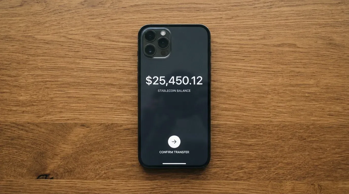 A phone showing a stablecoin transfer screen