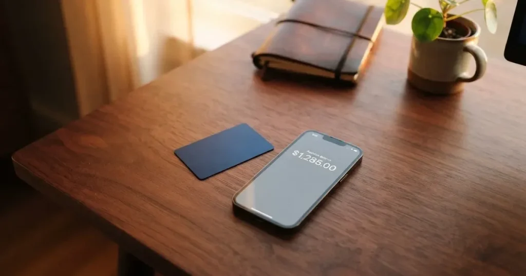 A payment card next to a phone with a crypto wallet app open
