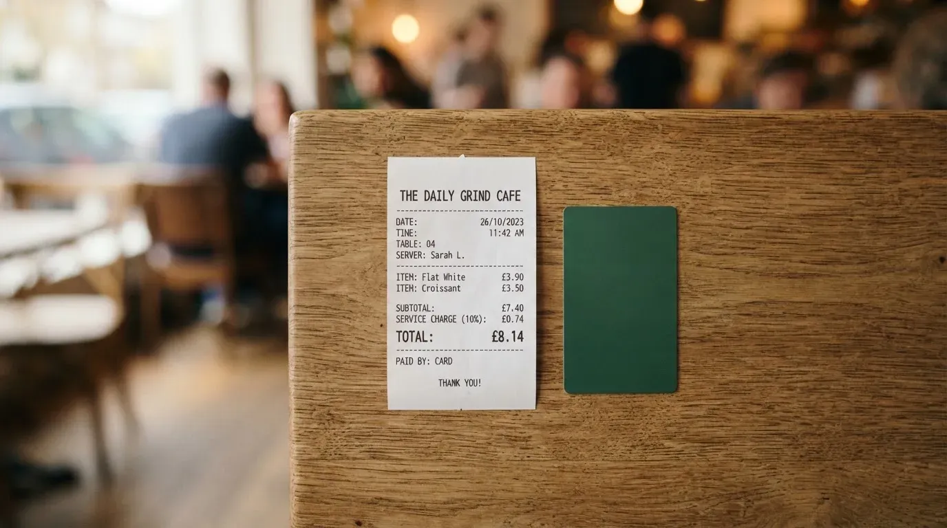 A receipt and a card on a café table