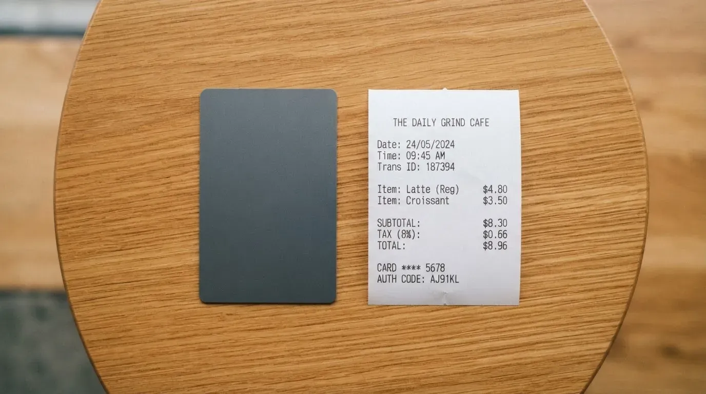 A receipt and a card on a café table