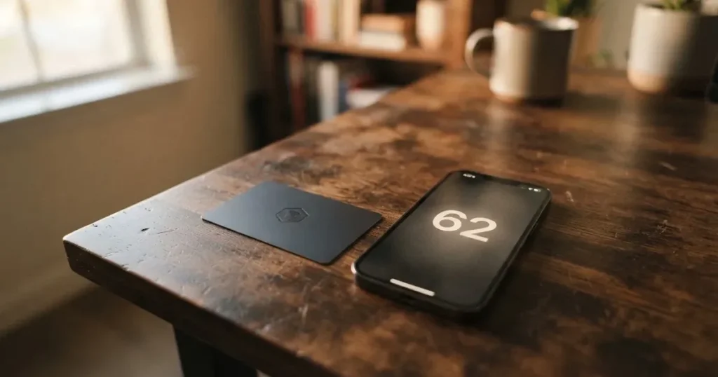 A payment card next to a phone with a crypto wallet app open
