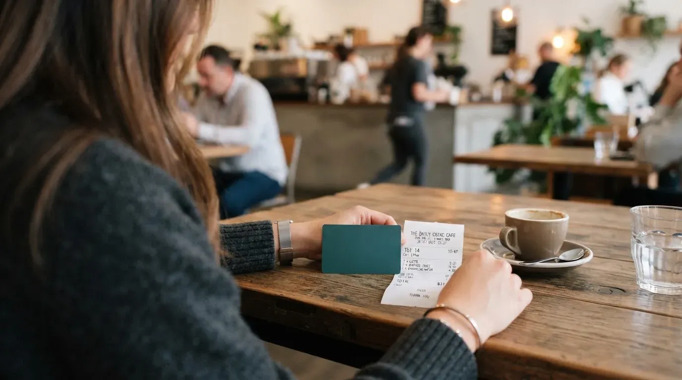 A receipt and a card on a café table