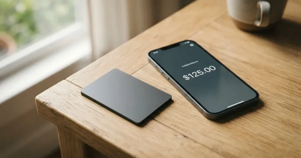 A payment card next to a phone with a crypto wallet app open