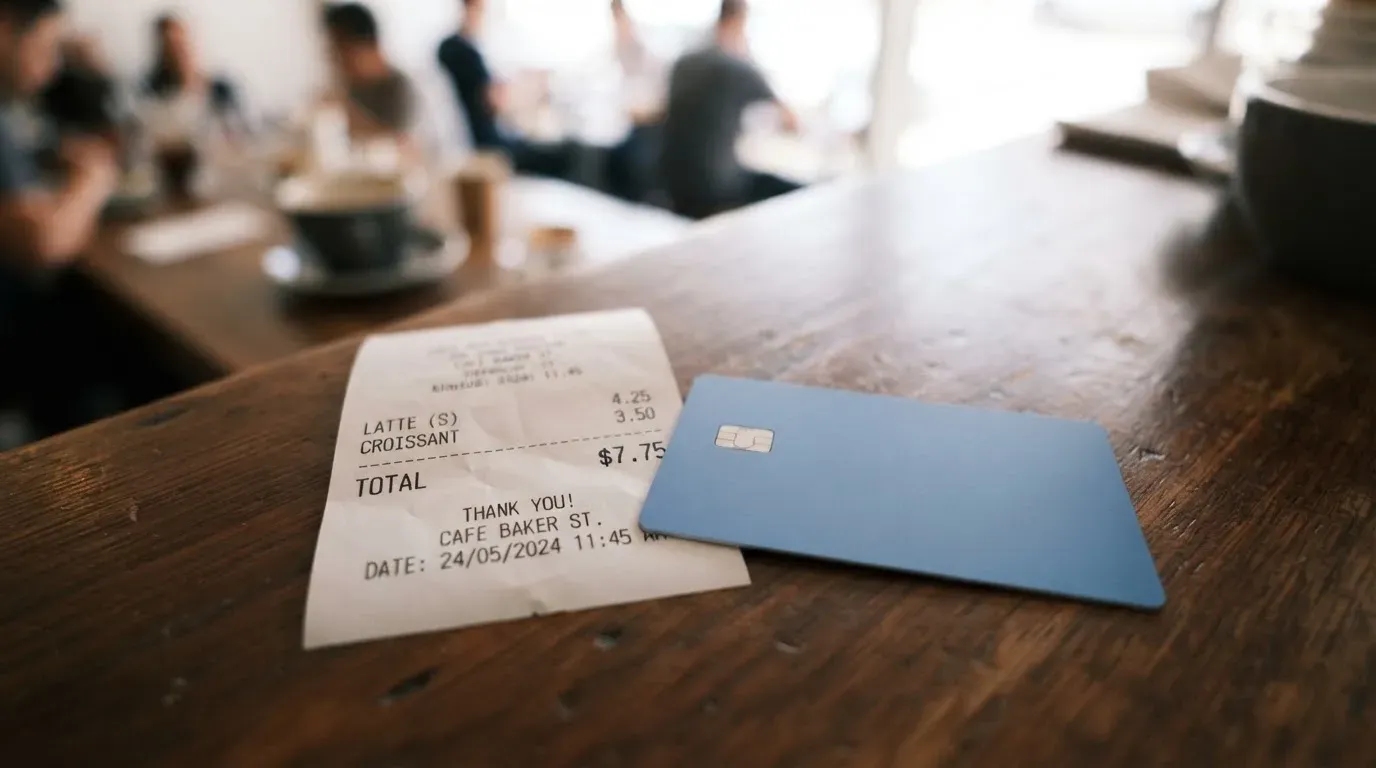 A receipt and a card on a café table