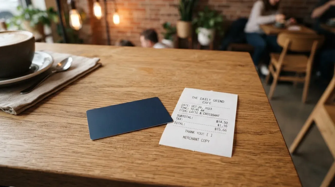 A receipt and a card on a café table