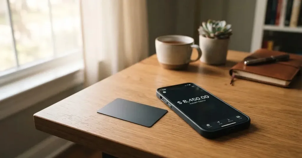 A payment card next to a phone with a crypto wallet app open