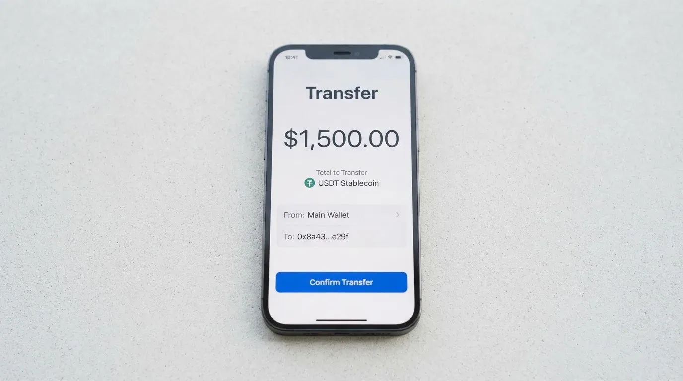 A phone showing a stablecoin transfer screen