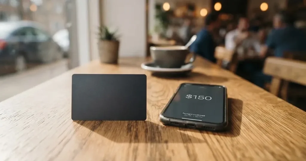 A payment card next to a phone with a crypto wallet app open