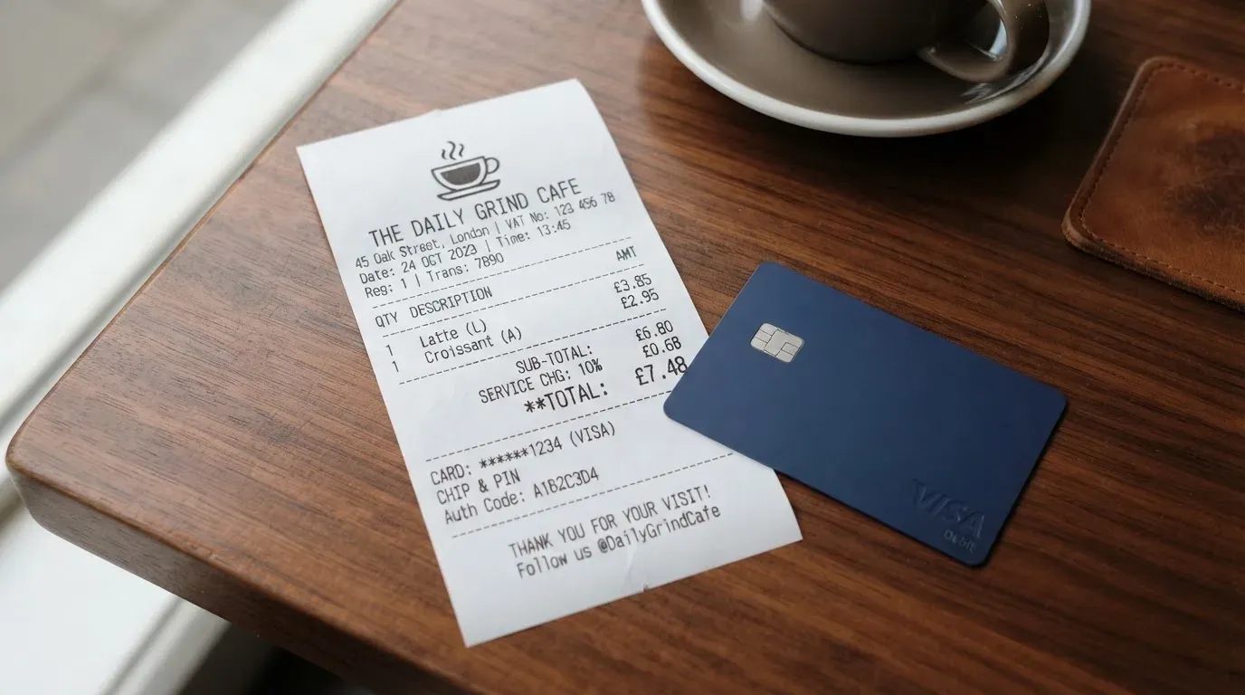 A receipt and a card on a café table