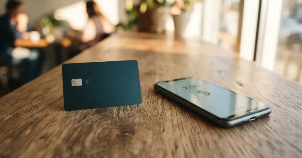 A payment card next to a phone with a crypto wallet app open