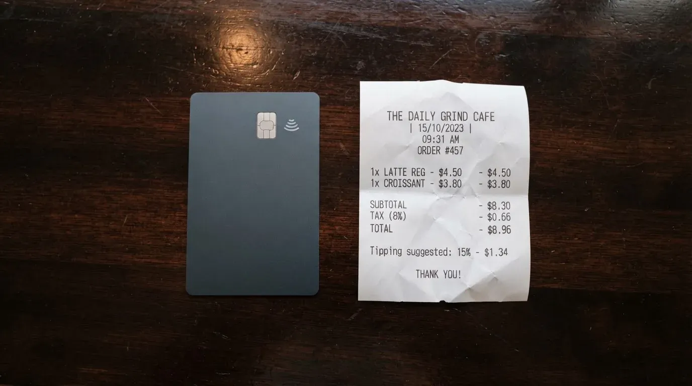 A receipt and a card on a café table