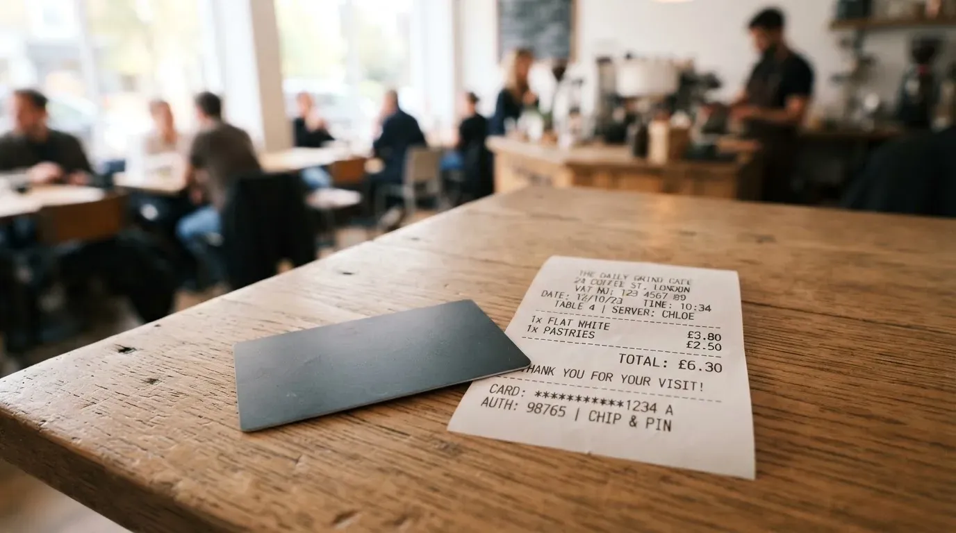 A receipt and a card on a café table