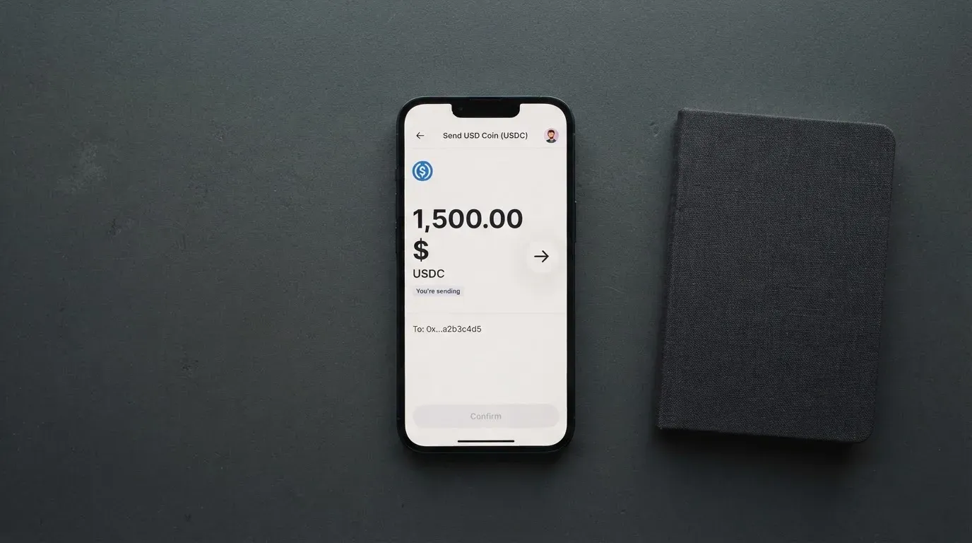 A phone showing a stablecoin transfer screen