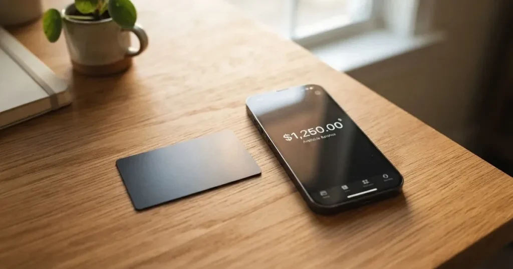 A payment card next to a phone with a crypto wallet app open