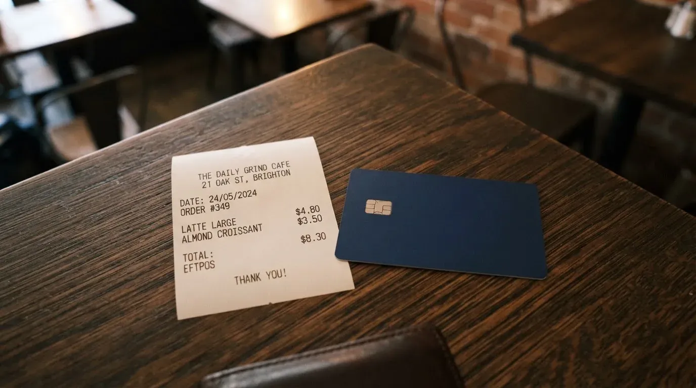A receipt and a card on a café table