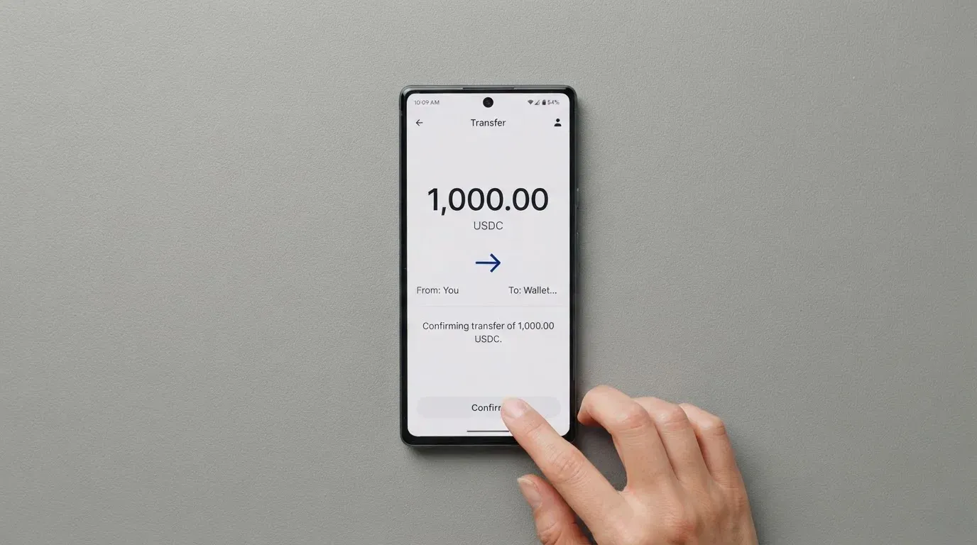 A phone showing a stablecoin transfer screen