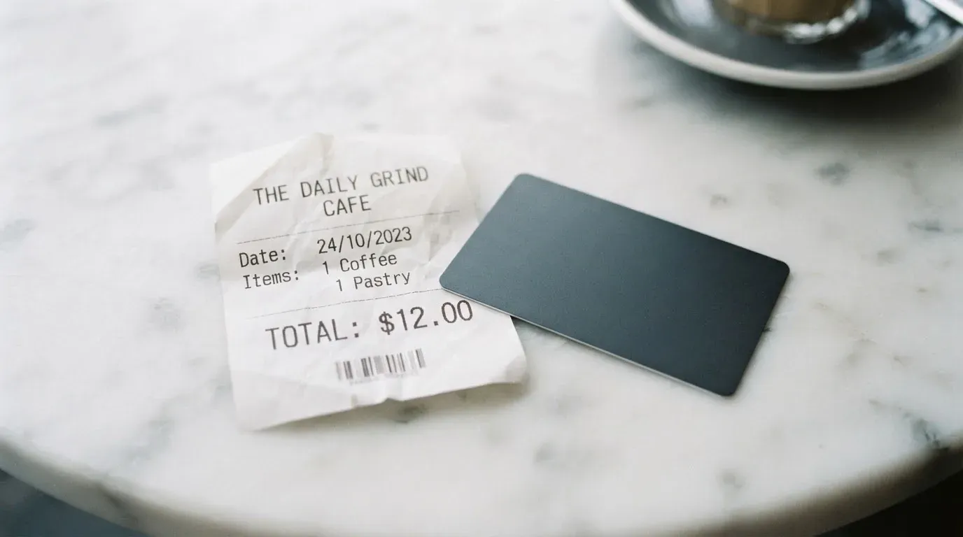 A receipt and a card on a café table