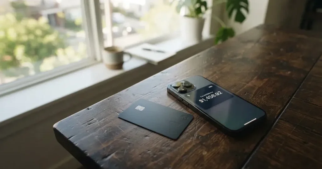 A payment card next to a phone with a crypto wallet app open