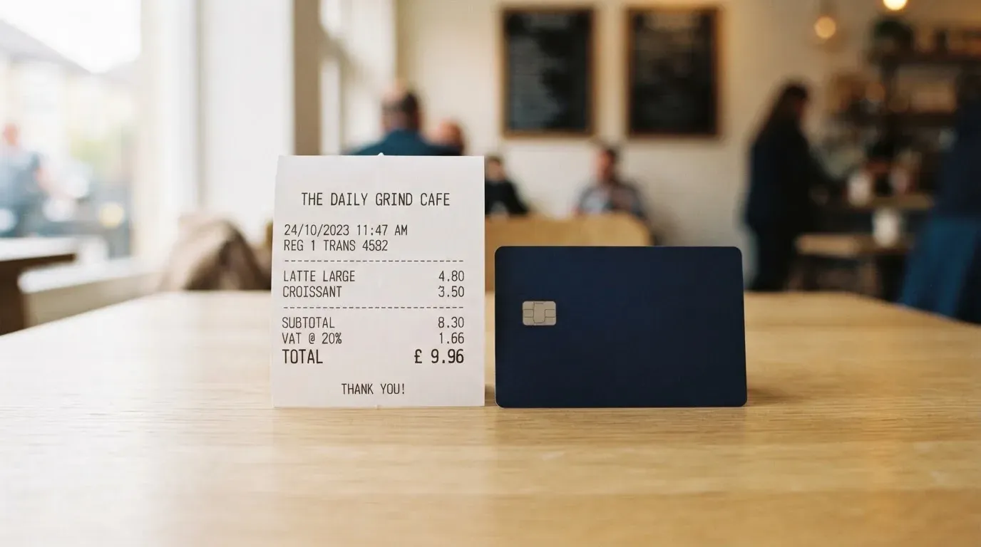 A receipt and a card on a café table