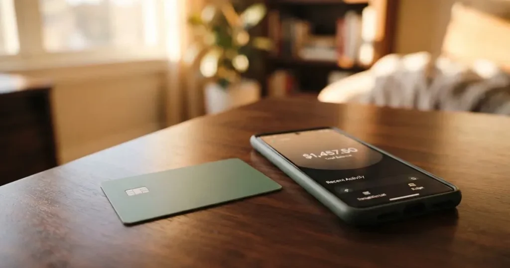 A payment card next to a phone with a crypto wallet app open