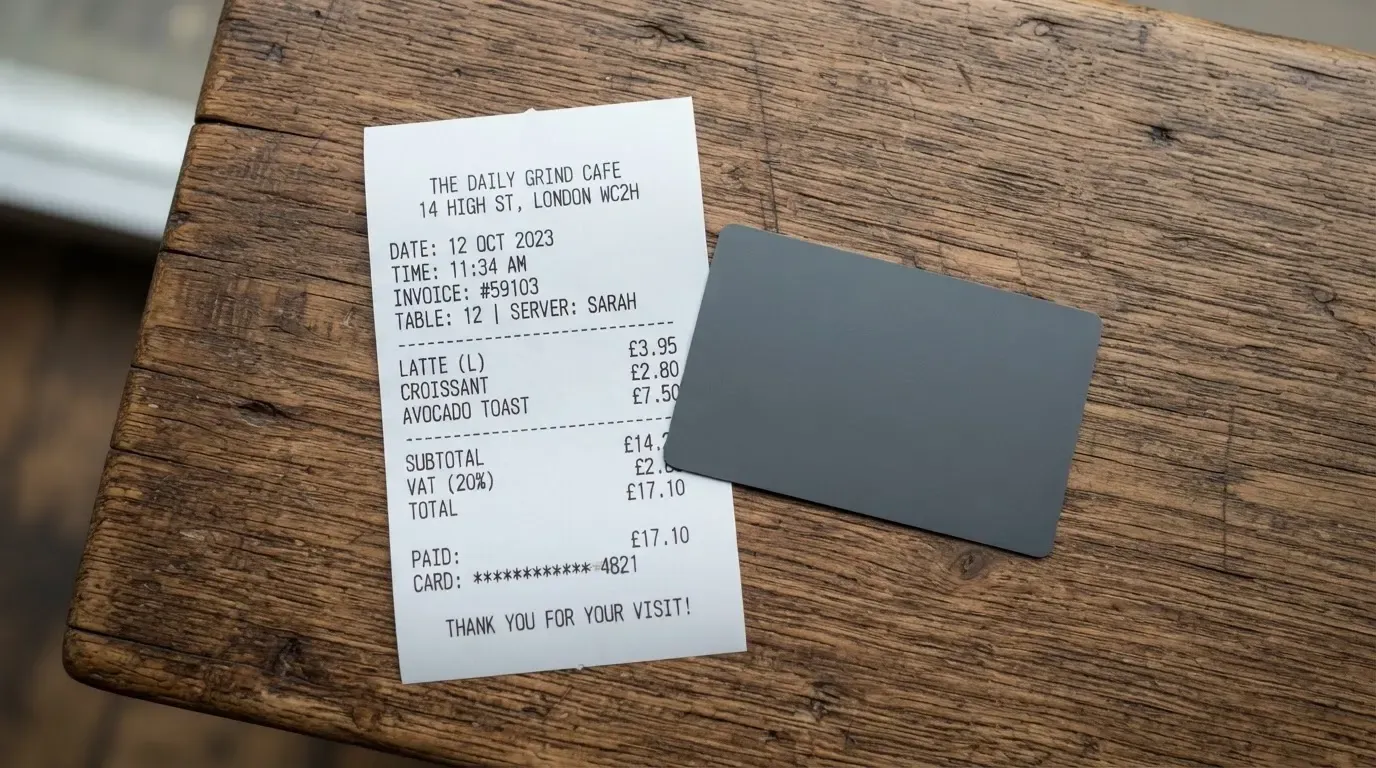 A receipt and a card on a café table