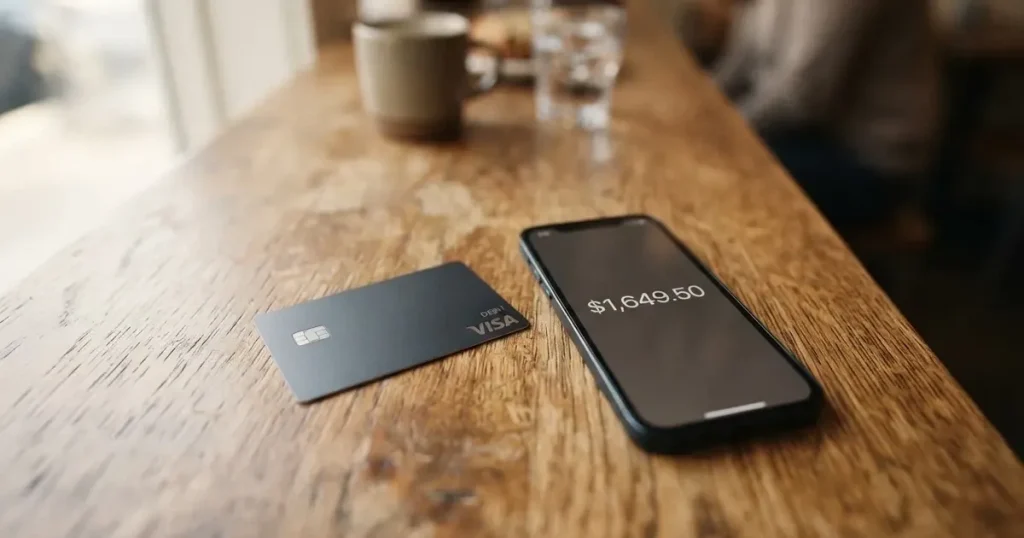 A payment card next to a phone with a crypto wallet app open