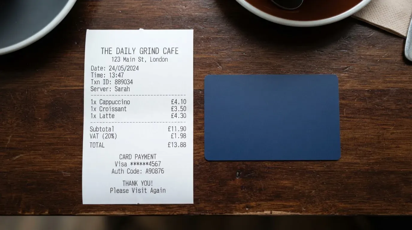 A receipt and a card on a café table